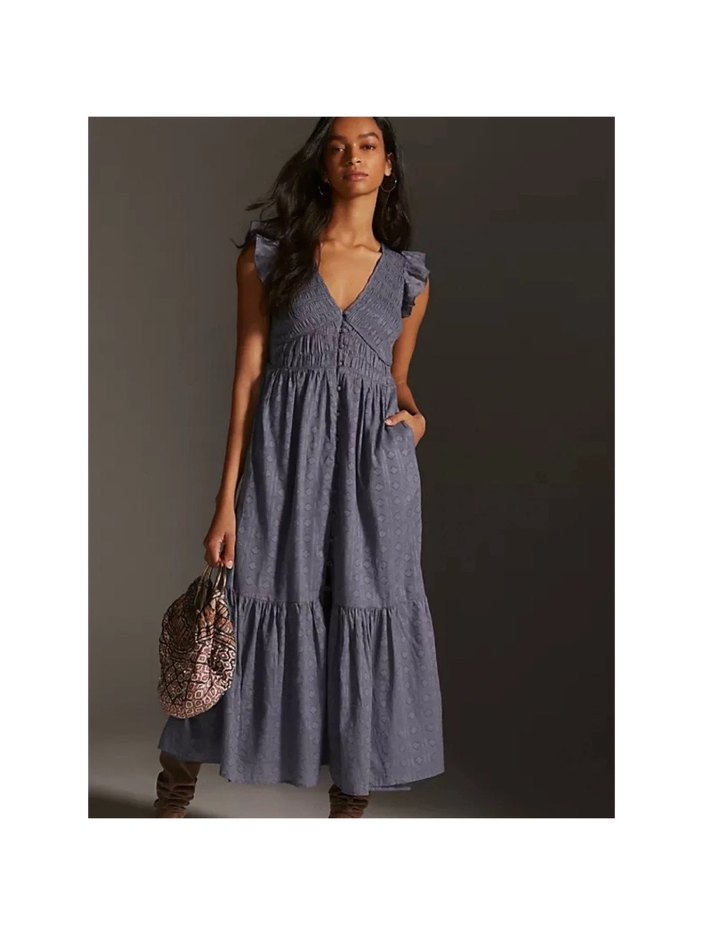 Anthropologie Peregrine blue smocked ruffle sleeve dress sz Large